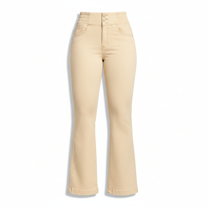 Women’s High-Waist Elastic Denim Pants with Button Detail-Vyana Collective
