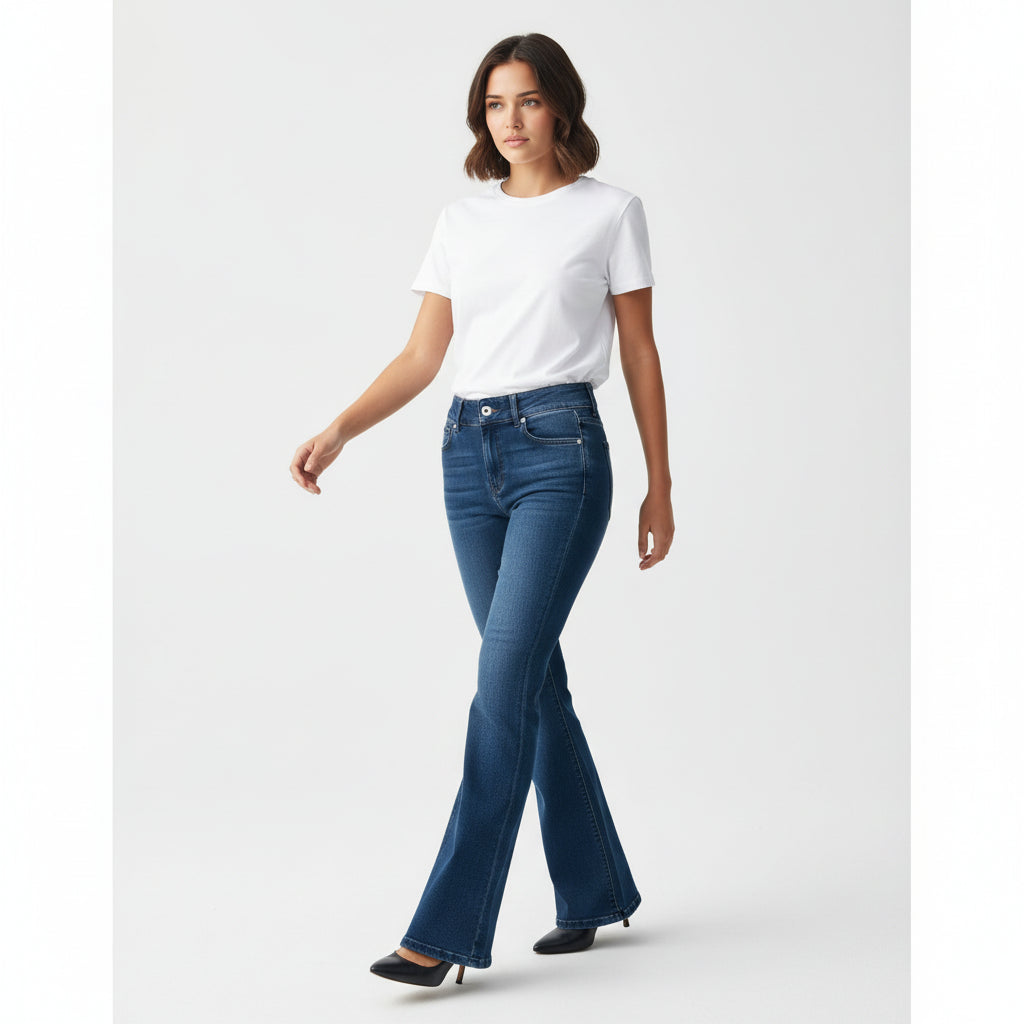 Women’s High-Waist Elastic Denim Pants with Button Detail-Vyana Collective