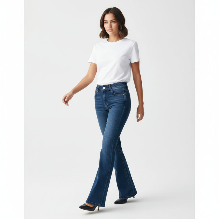 Women’s High-Waist Elastic Denim Pants with Button Detail-Vyana Collective