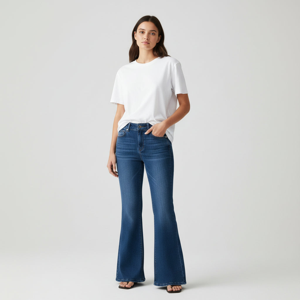 Women’s High-Waist Elastic Denim Pants with Button Detail-Vyana Collective