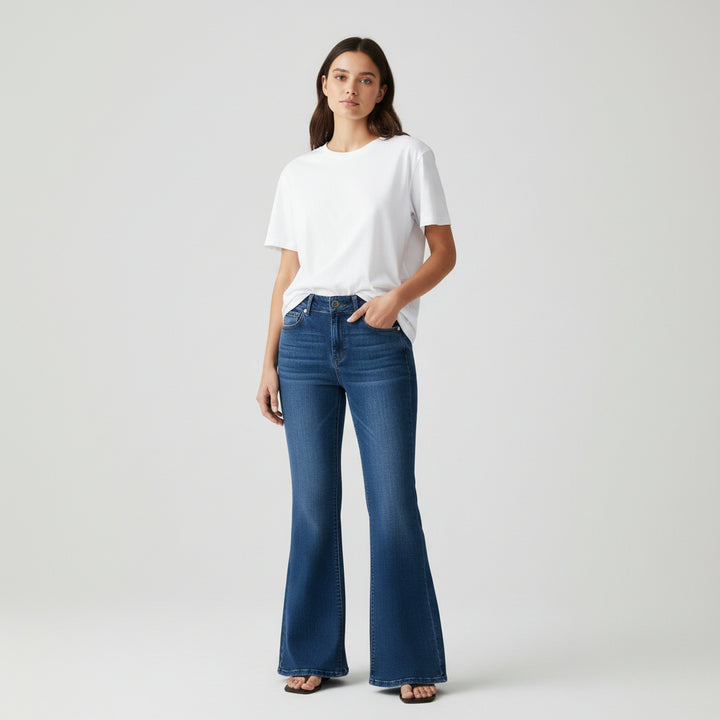 Women’s High-Waist Elastic Denim Pants with Button Detail-Vyana Collective