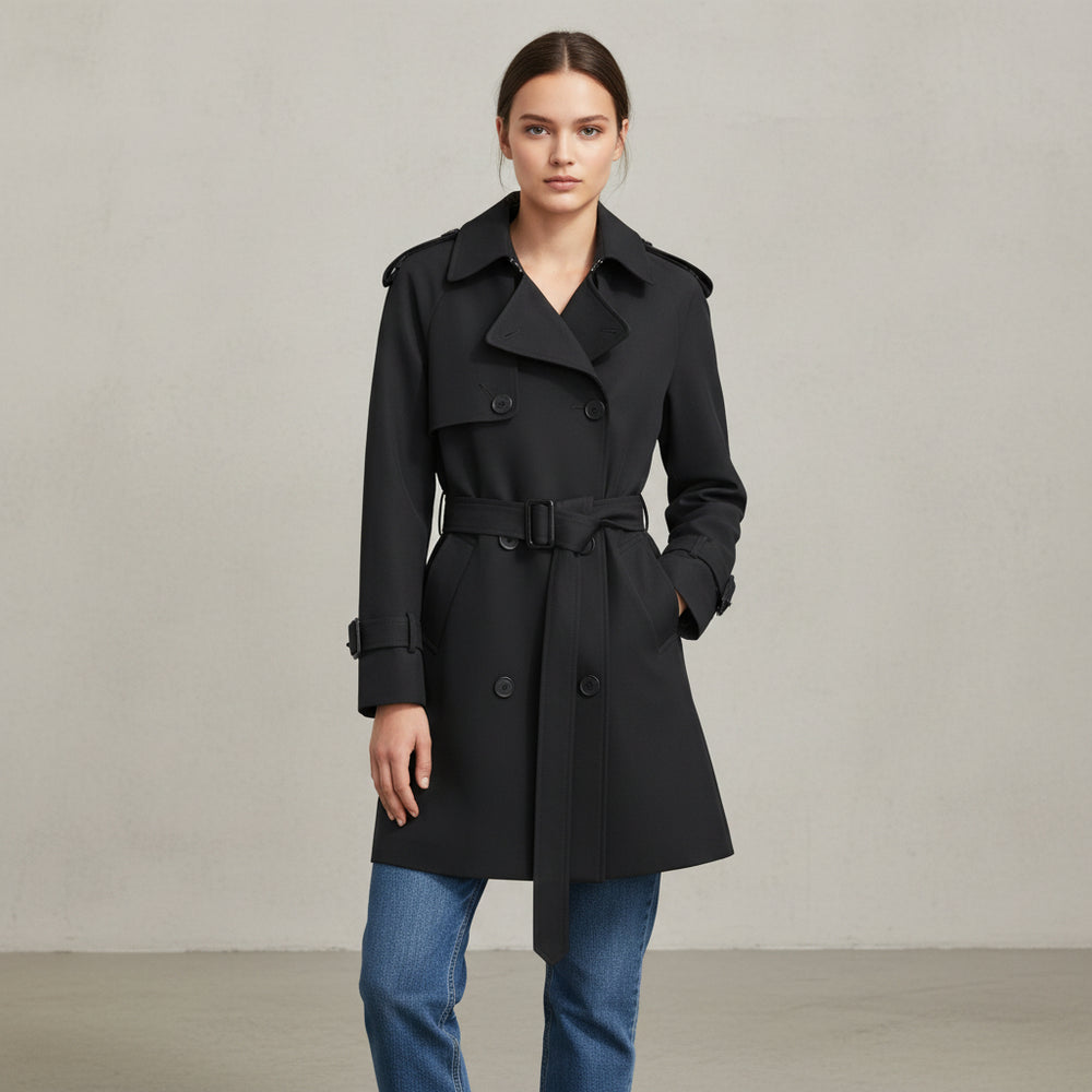 Women’s Khaki Short Trench Coat with Button Tie Sleeves-Vyana Collective