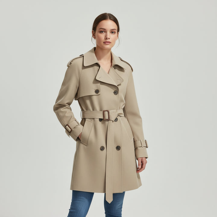 Women’s Khaki Short Trench Coat with Button Tie Sleeves-Vyana Collective