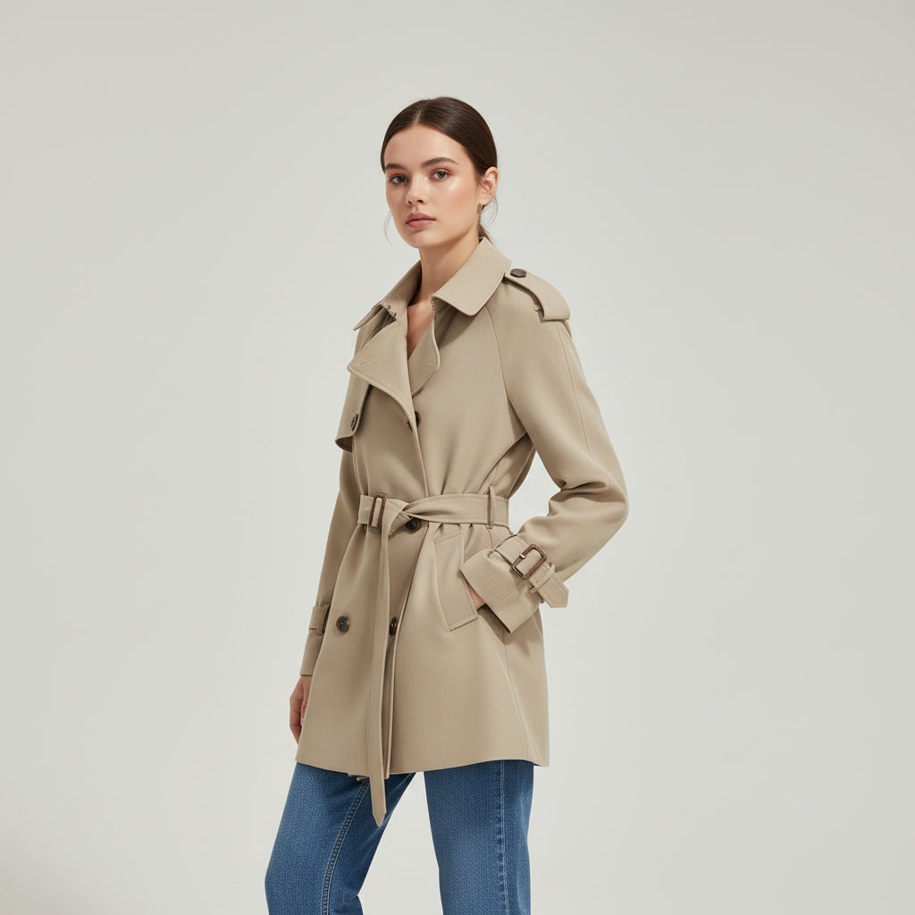 Women’s Khaki Short Trench Coat with Button Tie Sleeves-Vyana Collective