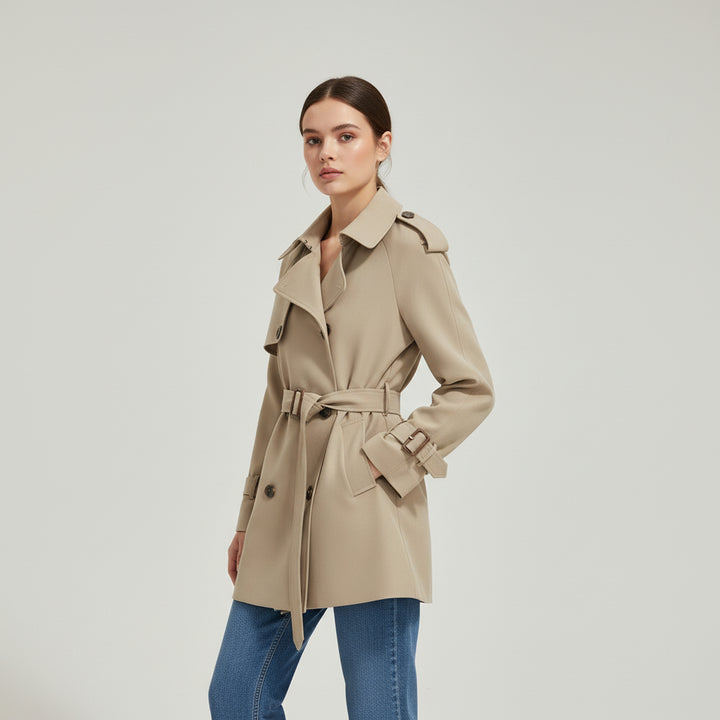 Women’s Khaki Short Trench Coat with Button Tie Sleeves-Vyana Collective