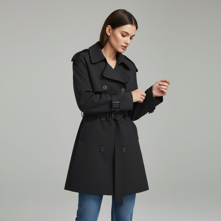 Women’s Khaki Short Trench Coat with Button Tie Sleeves-Vyana Collective