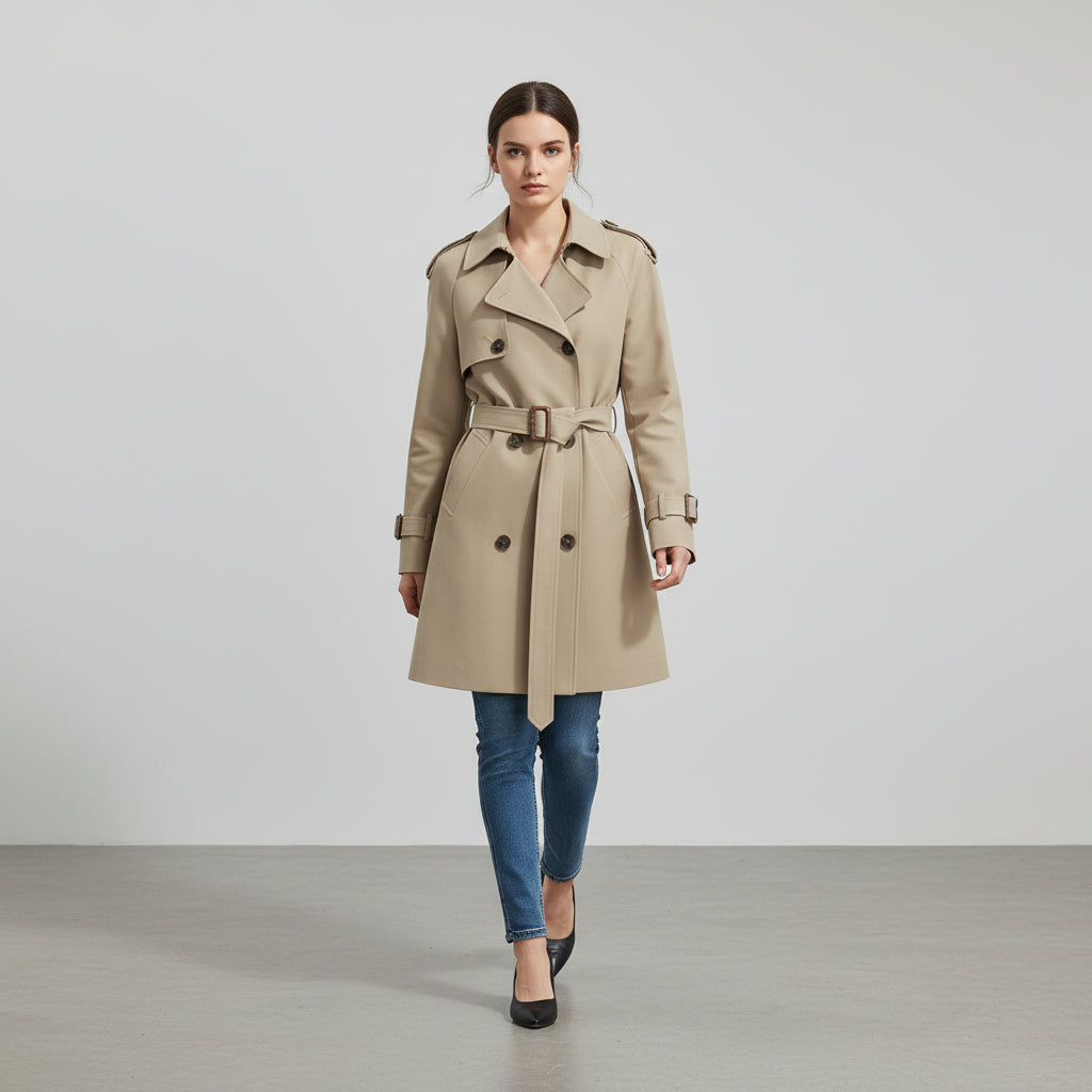 Women’s Khaki Short Trench Coat with Button Tie Sleeves-Vyana Collective
