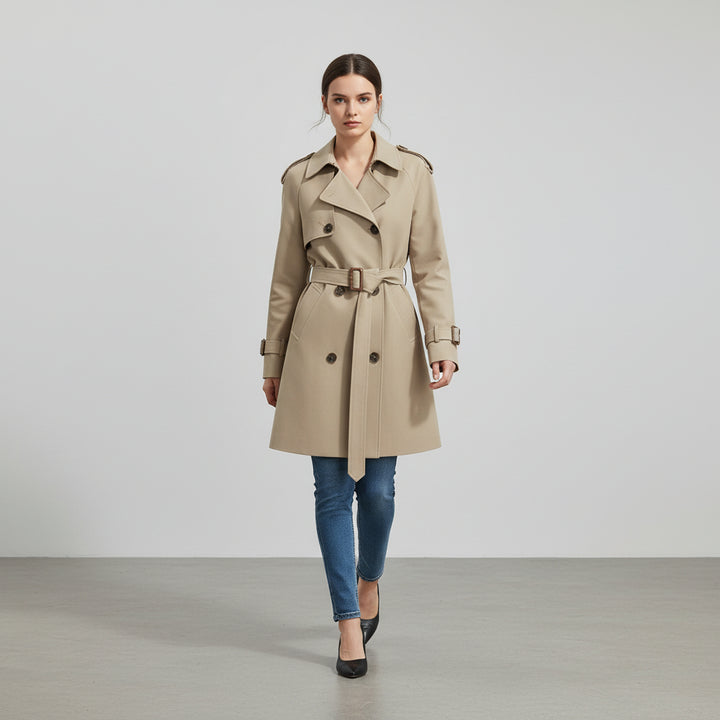 Women’s Khaki Short Trench Coat with Button Tie Sleeves-Vyana Collective