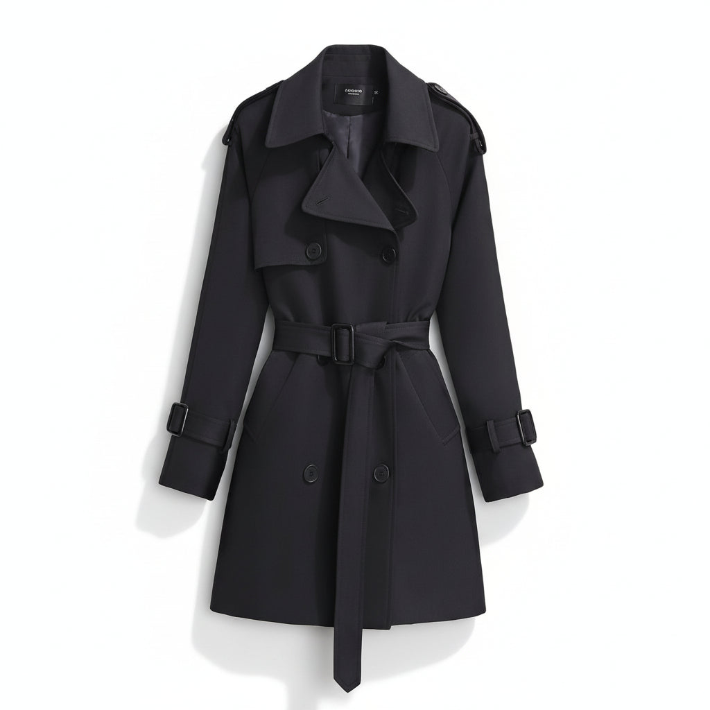 Women’s Khaki Short Trench Coat with Button Tie Sleeves-Vyana Collective