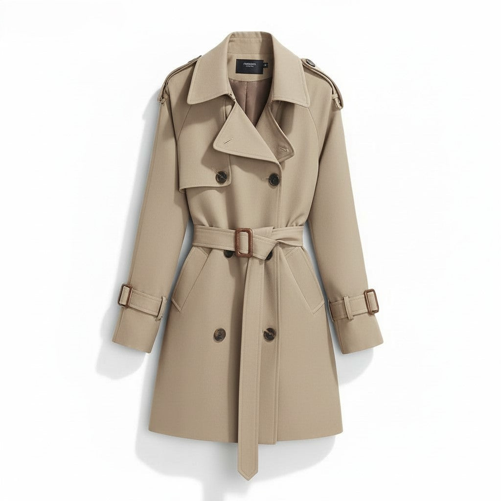 Women’s Khaki Short Trench Coat with Button Tie Sleeves-Vyana Collective