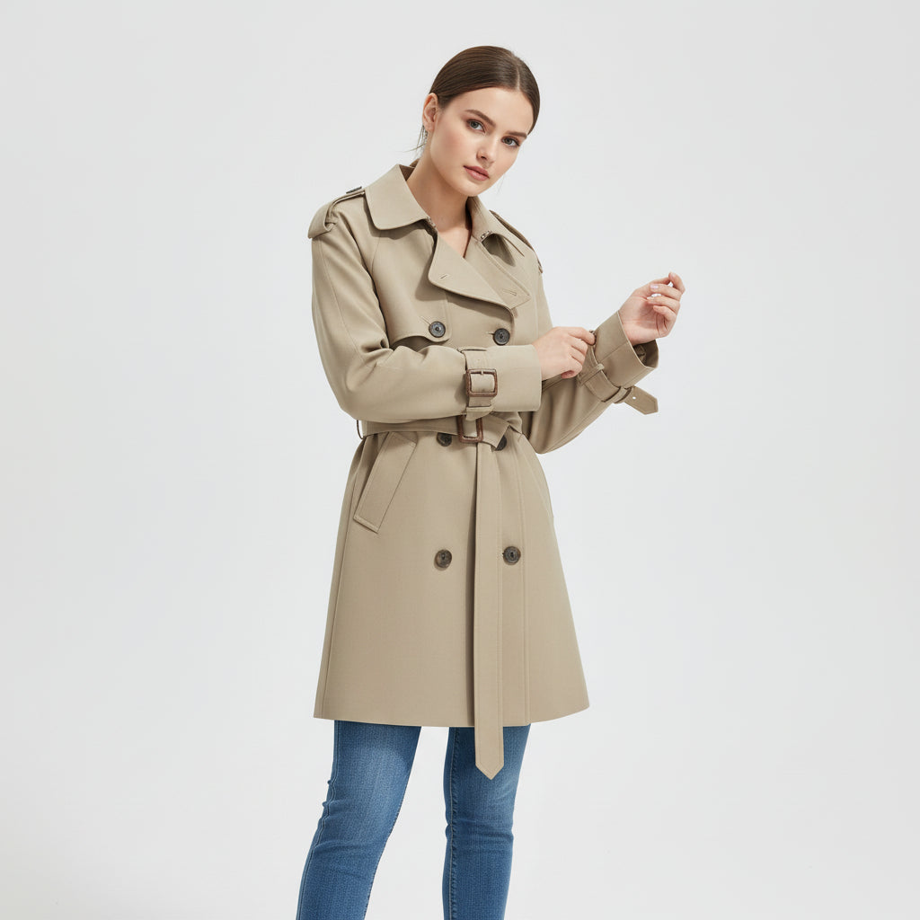 Women’s Khaki Short Trench Coat with Button Tie Sleeves-Vyana Collective