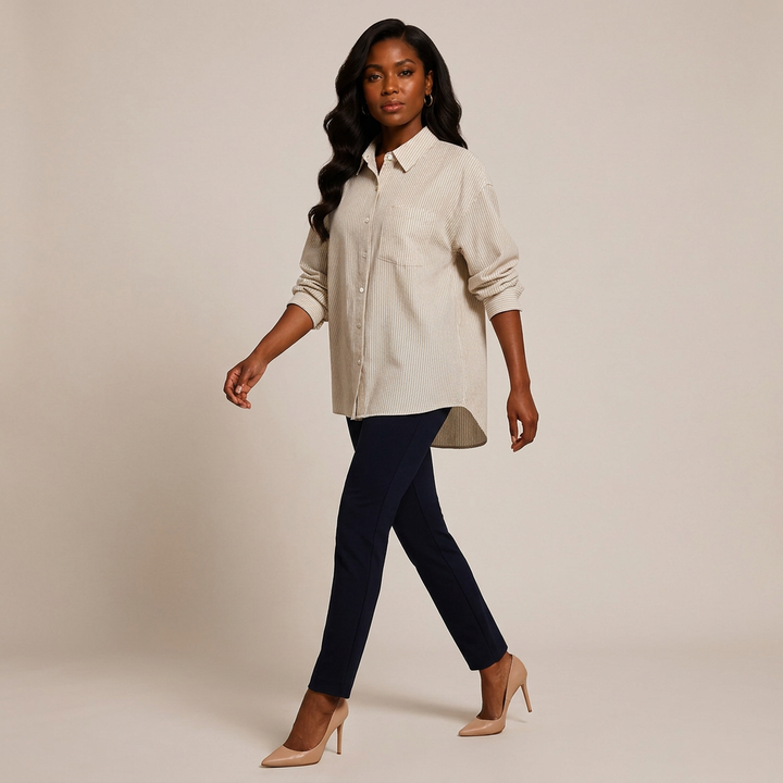 Women’s Linen-Blend Striped Relaxed Button-Down Shirt-Vyana Collective