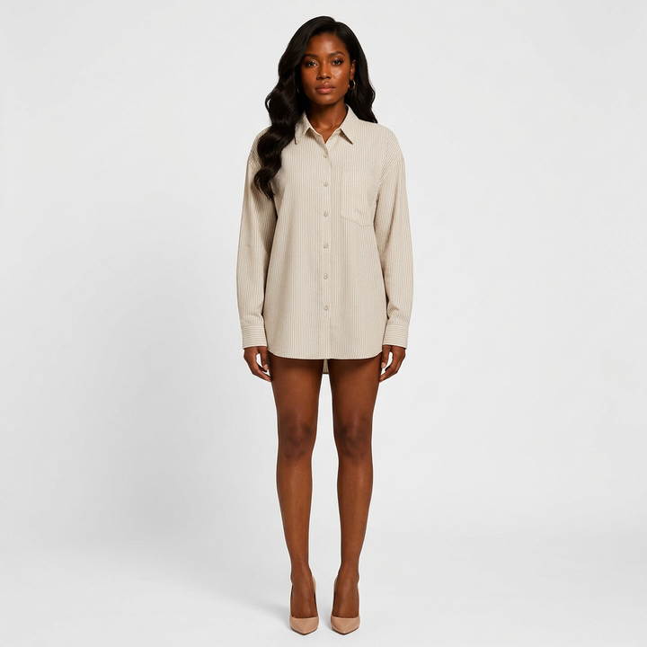 Women’s Linen-Blend Striped Relaxed Button-Down Shirt-Vyana Collective
