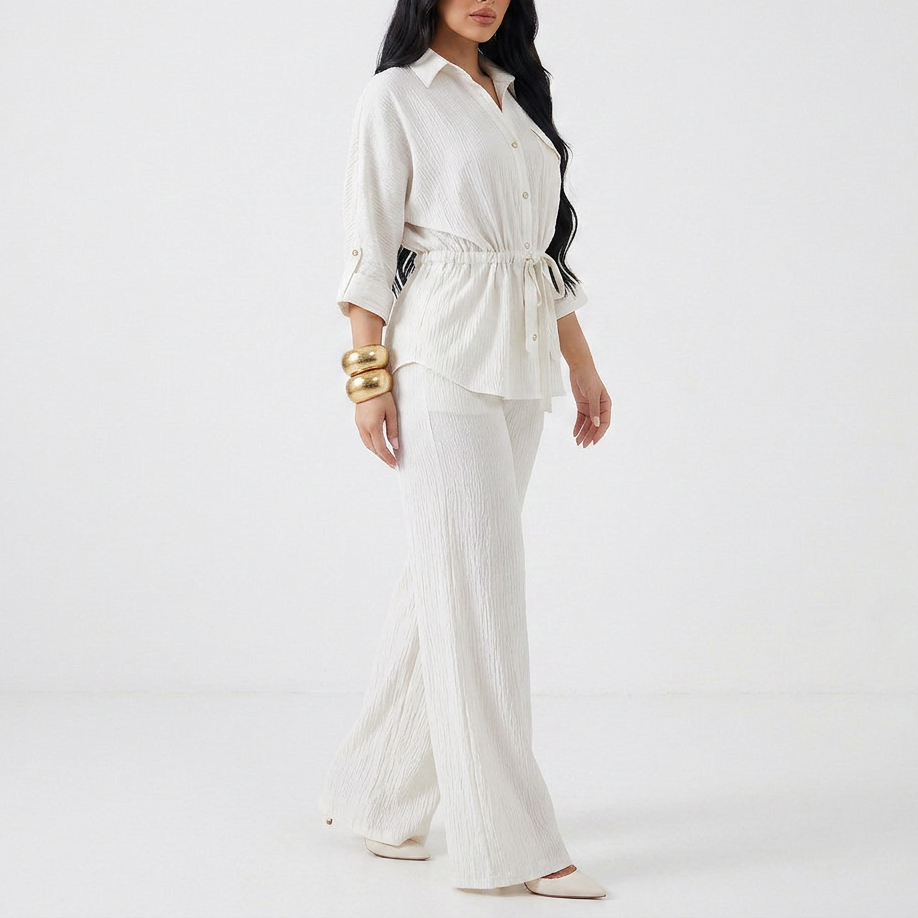 Women’s Long Sleeve Button Up Shirt and Wide Leg Pants Two Piece Set-Vyana Collective