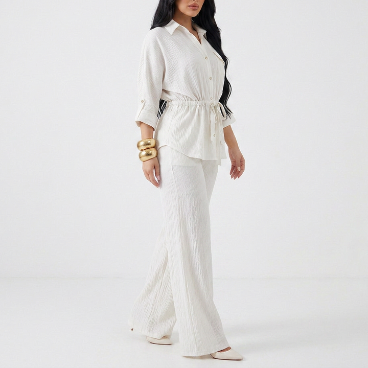 Women’s Long Sleeve Button Up Shirt and Wide Leg Pants Two Piece Set-Vyana Collective
