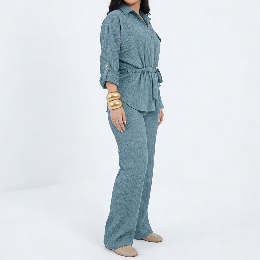 Women’s Long Sleeve Button Up Shirt and Wide Leg Pants Two Piece Set-Vyana Collective