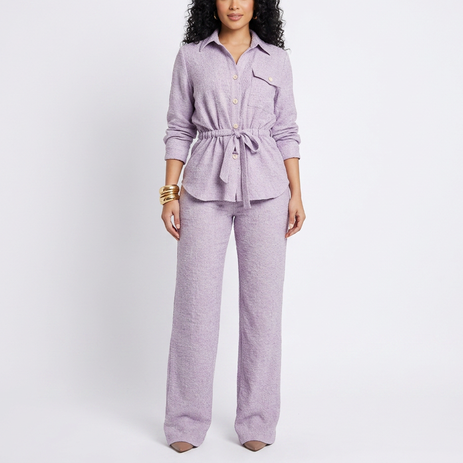 Women’s Long Sleeve Button Up Shirt and Wide Leg Pants Two Piece Set-Vyana Collective