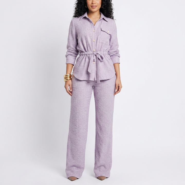 Women’s Long Sleeve Button Up Shirt and Wide Leg Pants Two Piece Set-Vyana Collective