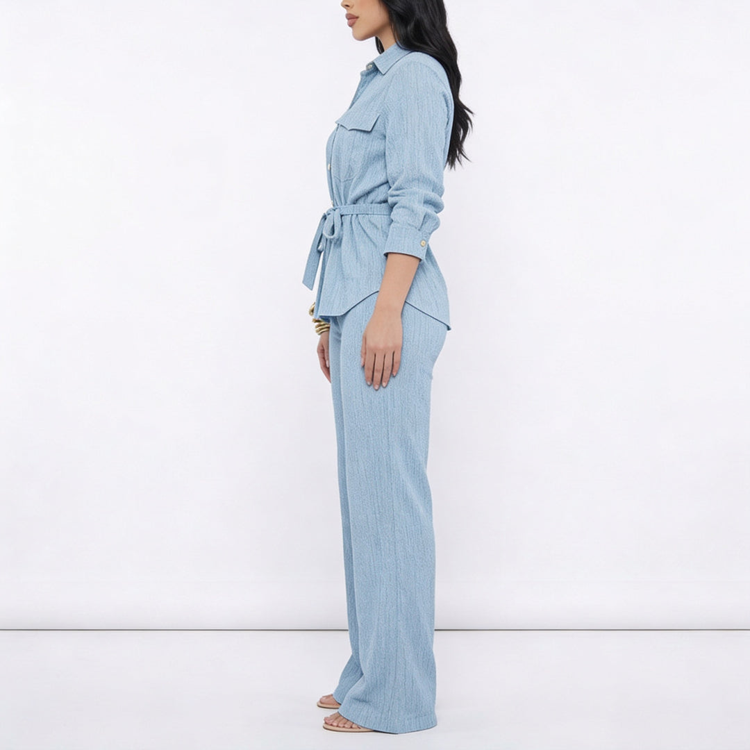 Women’s Long Sleeve Button Up Shirt and Wide Leg Pants Two Piece Set-Vyana Collective
