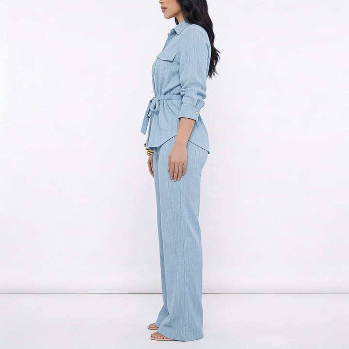 Women’s Long Sleeve Button Up Shirt and Wide Leg Pants Two Piece Set-Vyana Collective