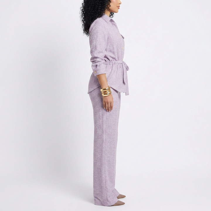 Women’s Long Sleeve Button Up Shirt and Wide Leg Pants Two Piece Set-Vyana Collective