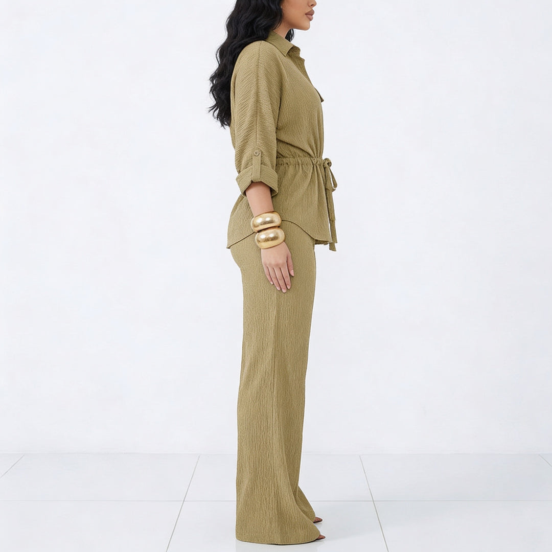 Women’s Long Sleeve Button Up Shirt and Wide Leg Pants Two Piece Set-Vyana Collective