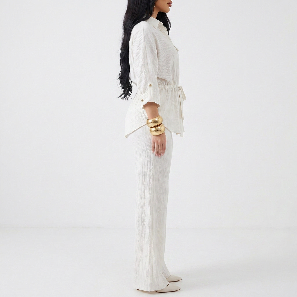 Women’s Long Sleeve Button Up Shirt and Wide Leg Pants Two Piece Set-Vyana Collective