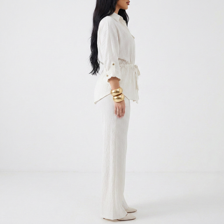 Women’s Long Sleeve Button Up Shirt and Wide Leg Pants Two Piece Set-Vyana Collective