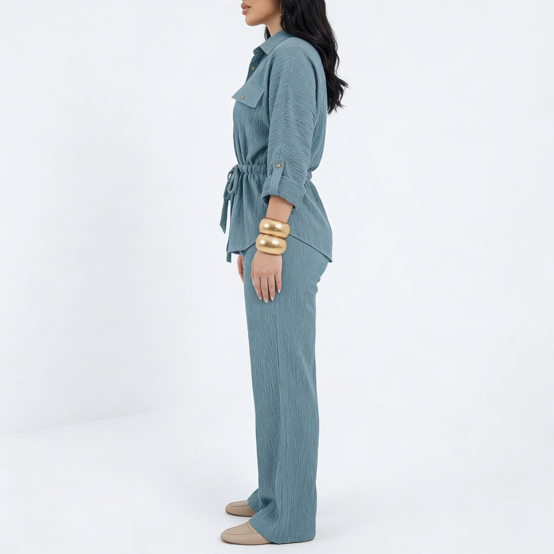 Women’s Long Sleeve Button Up Shirt and Wide Leg Pants Two Piece Set-Vyana Collective