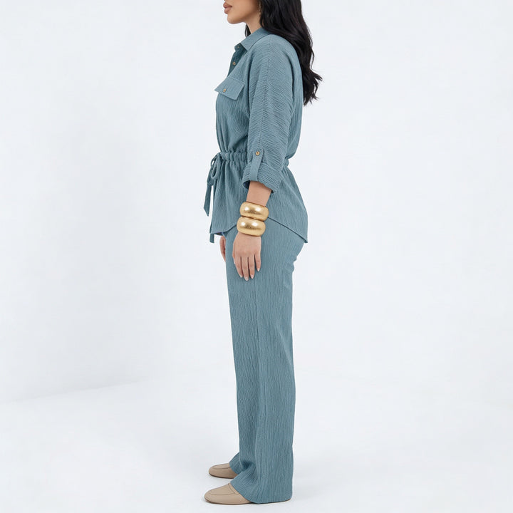 Women’s Long Sleeve Button Up Shirt and Wide Leg Pants Two Piece Set-Vyana Collective