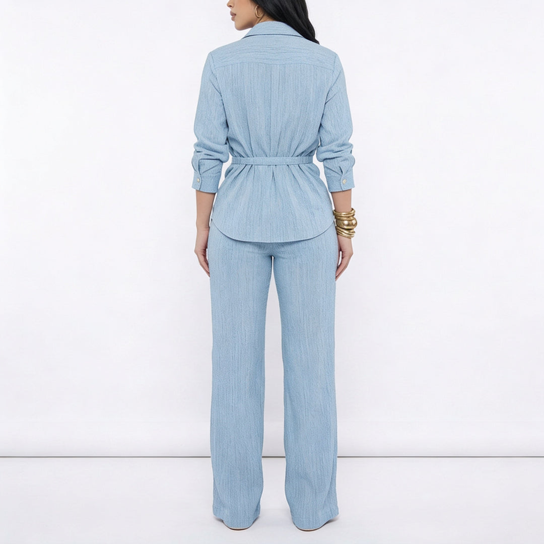 Women’s Long Sleeve Button Up Shirt and Wide Leg Pants Two Piece Set-Vyana Collective