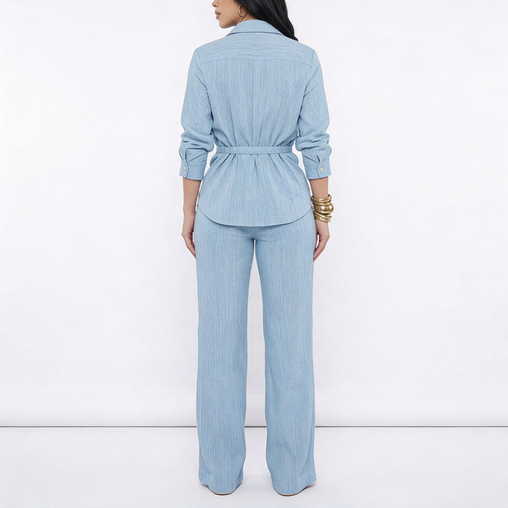 Women’s Long Sleeve Button Up Shirt and Wide Leg Pants Two Piece Set-Vyana Collective