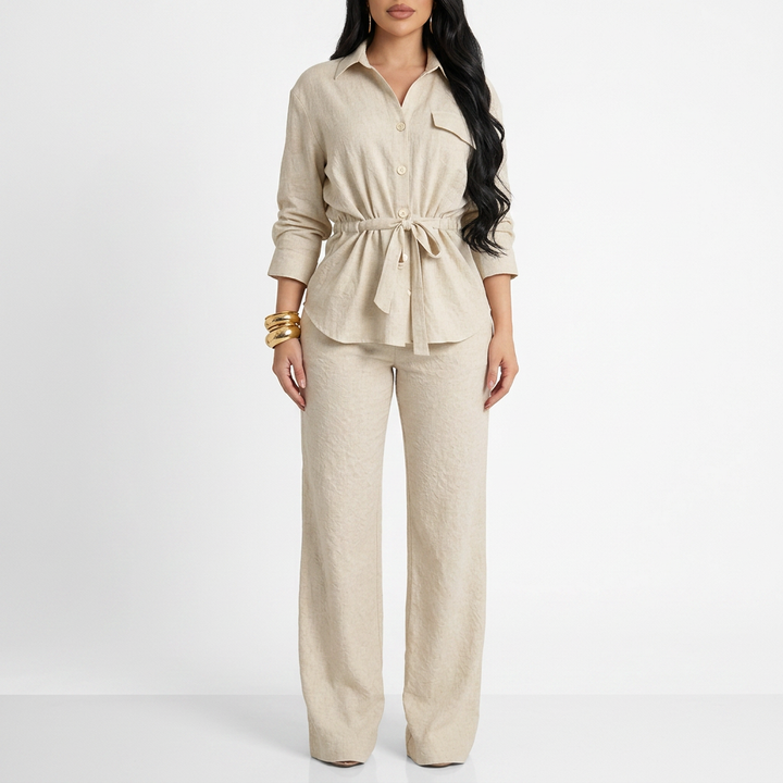 Women’s Long Sleeve Button Up Shirt and Wide Leg Pants Two Piece Set-Vyana Collective