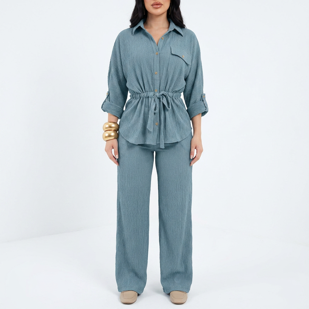 Women’s Long Sleeve Button Up Shirt and Wide Leg Pants Two Piece Set-Vyana Collective