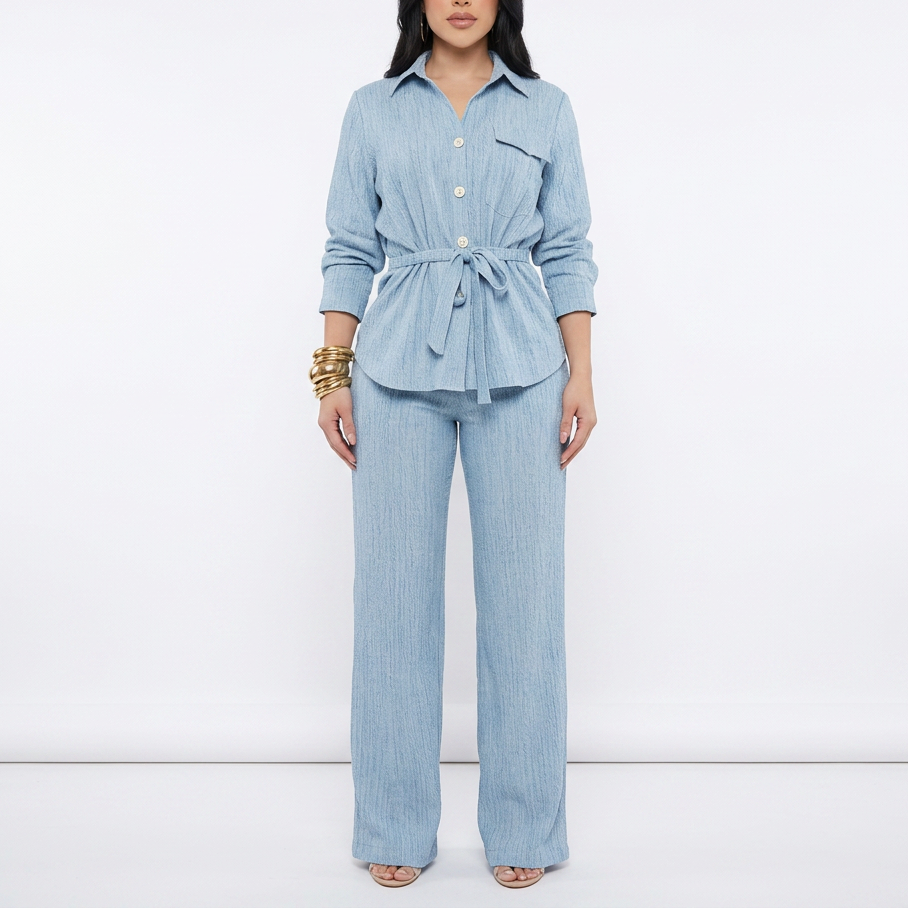 Women’s Long Sleeve Button Up Shirt and Wide Leg Pants Two Piece Set-Vyana Collective