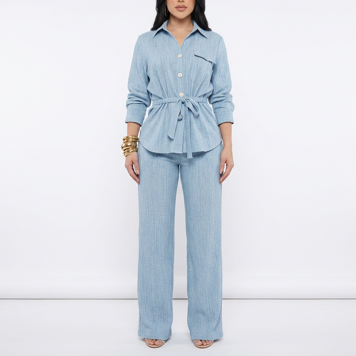 Women’s Long Sleeve Button Up Shirt and Wide Leg Pants Two Piece Set-Vyana Collective