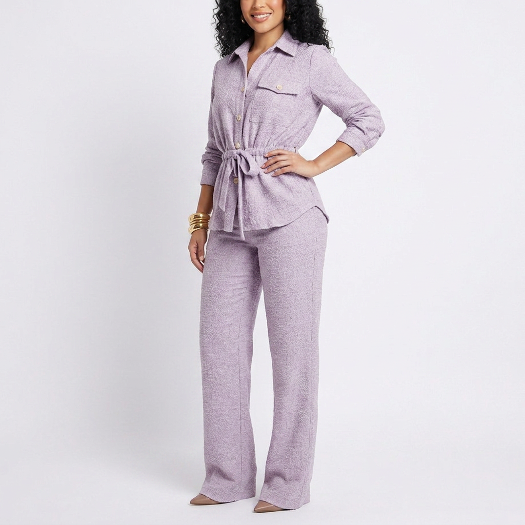 Women’s Long Sleeve Button Up Shirt and Wide Leg Pants Two Piece Set-Vyana Collective