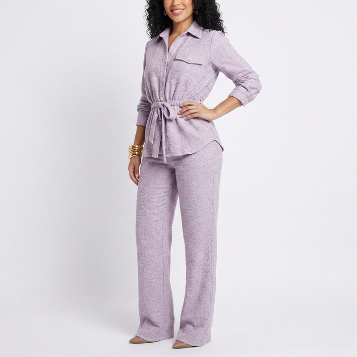 Women’s Long Sleeve Button Up Shirt and Wide Leg Pants Two Piece Set-Vyana Collective