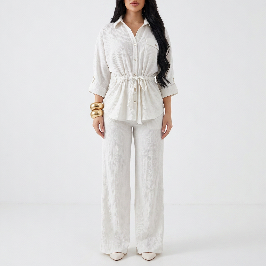 Women’s Long Sleeve Button Up Shirt and Wide Leg Pants Two Piece Set-Vyana Collective