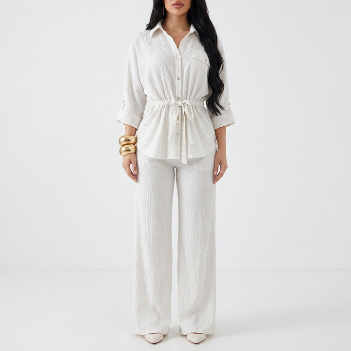 Women’s Long Sleeve Button Up Shirt and Wide Leg Pants Two Piece Set-Vyana Collective
