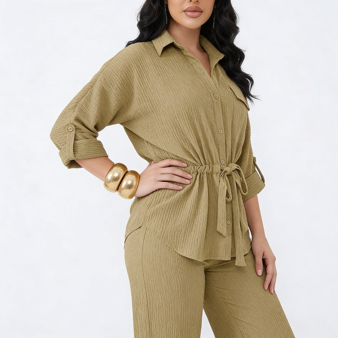 Women’s Long Sleeve Button Up Shirt and Wide Leg Pants Two Piece Set-Vyana Collective