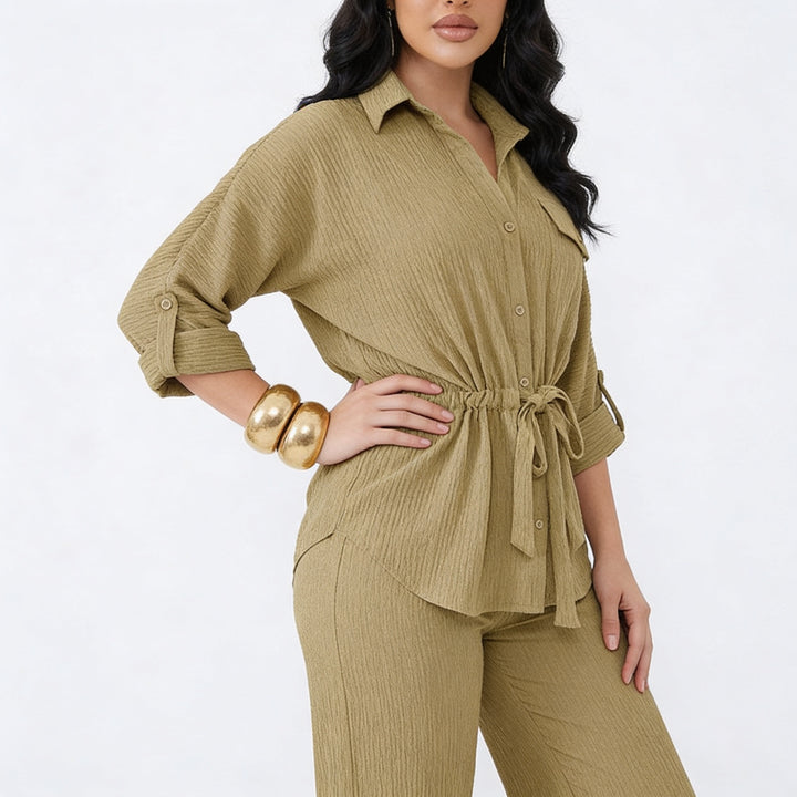 Women’s Long Sleeve Button Up Shirt and Wide Leg Pants Two Piece Set-Vyana Collective