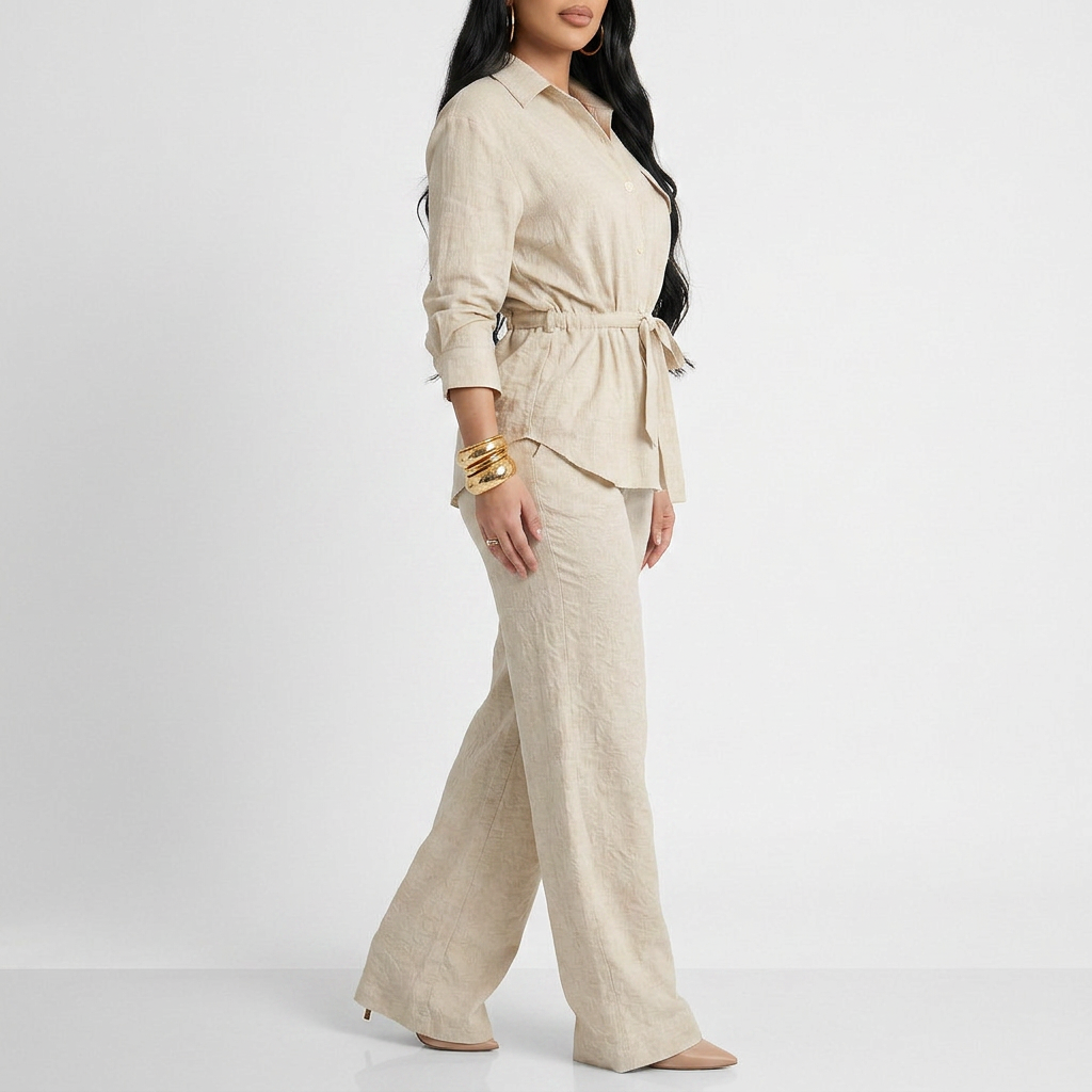 Women’s Long Sleeve Button Up Shirt and Wide Leg Pants Two Piece Set-Vyana Collective