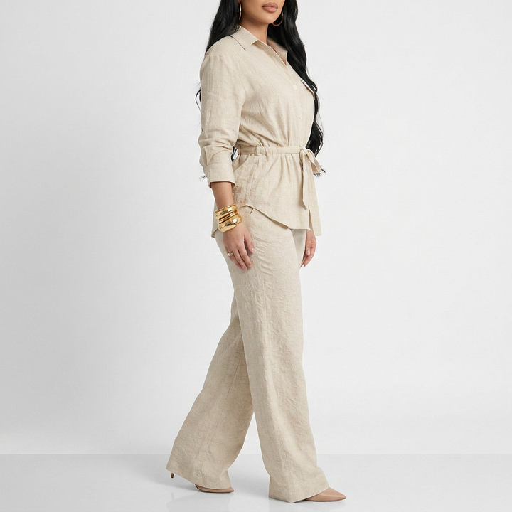 Women’s Long Sleeve Button Up Shirt and Wide Leg Pants Two Piece Set-Vyana Collective