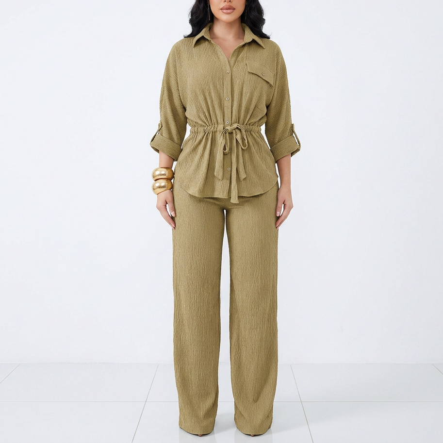 Women’s Long Sleeve Button Up Shirt and Wide Leg Pants Two Piece Set-Vyana Collective