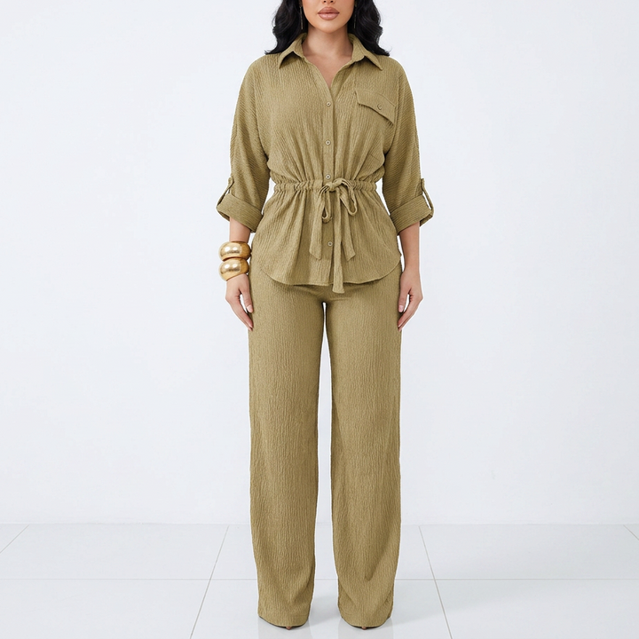 Women’s Long Sleeve Button Up Shirt and Wide Leg Pants Two Piece Set-Vyana Collective