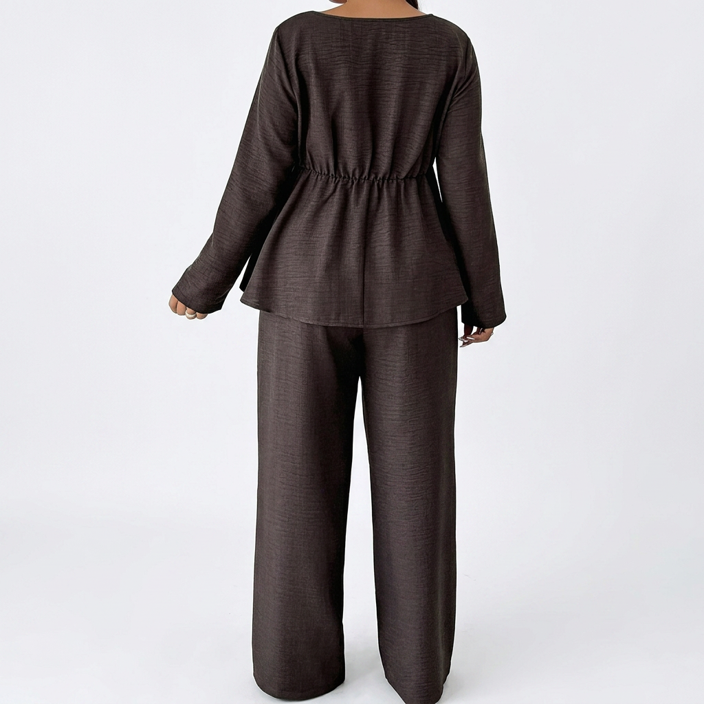Women’s Long Sleeve Square Neck Top and Wide Leg Pants Two Piece Set-Vyana Collective