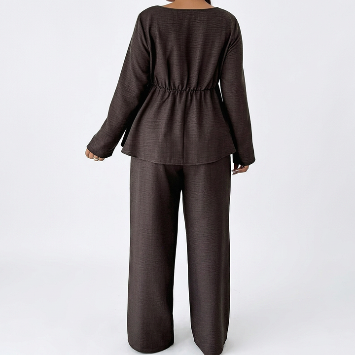 Women’s Long Sleeve Square Neck Top and Wide Leg Pants Two Piece Set-Vyana Collective