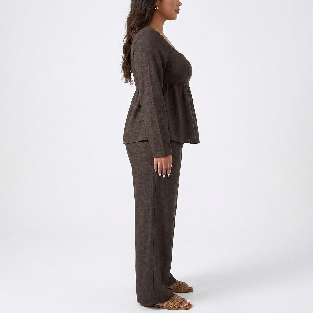 Women’s Long Sleeve Square Neck Top and Wide Leg Pants Two Piece Set-Vyana Collective