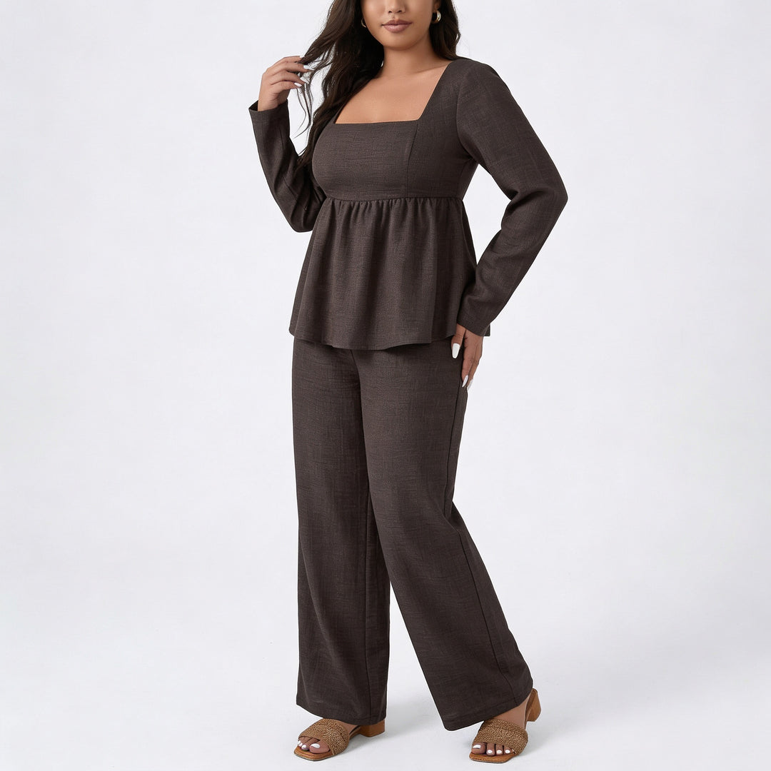 Women’s Long Sleeve Square Neck Top and Wide Leg Pants Two Piece Set-Vyana Collective